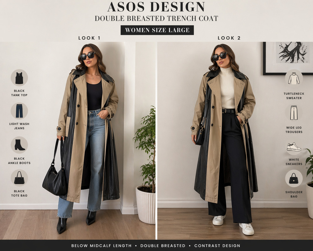 ASOS Colorblock Beige black Faux Leather double breast Trench Duster Coat Sz-14
